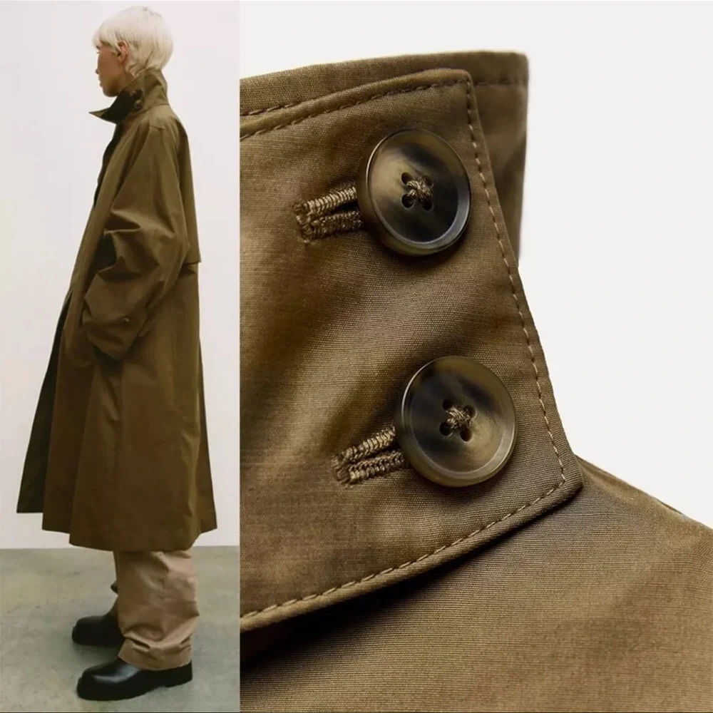 🔥NWT ZARA🔥 Oversized Water-Repellent Trench Coat in Khaki Green - Picture 4 of 6